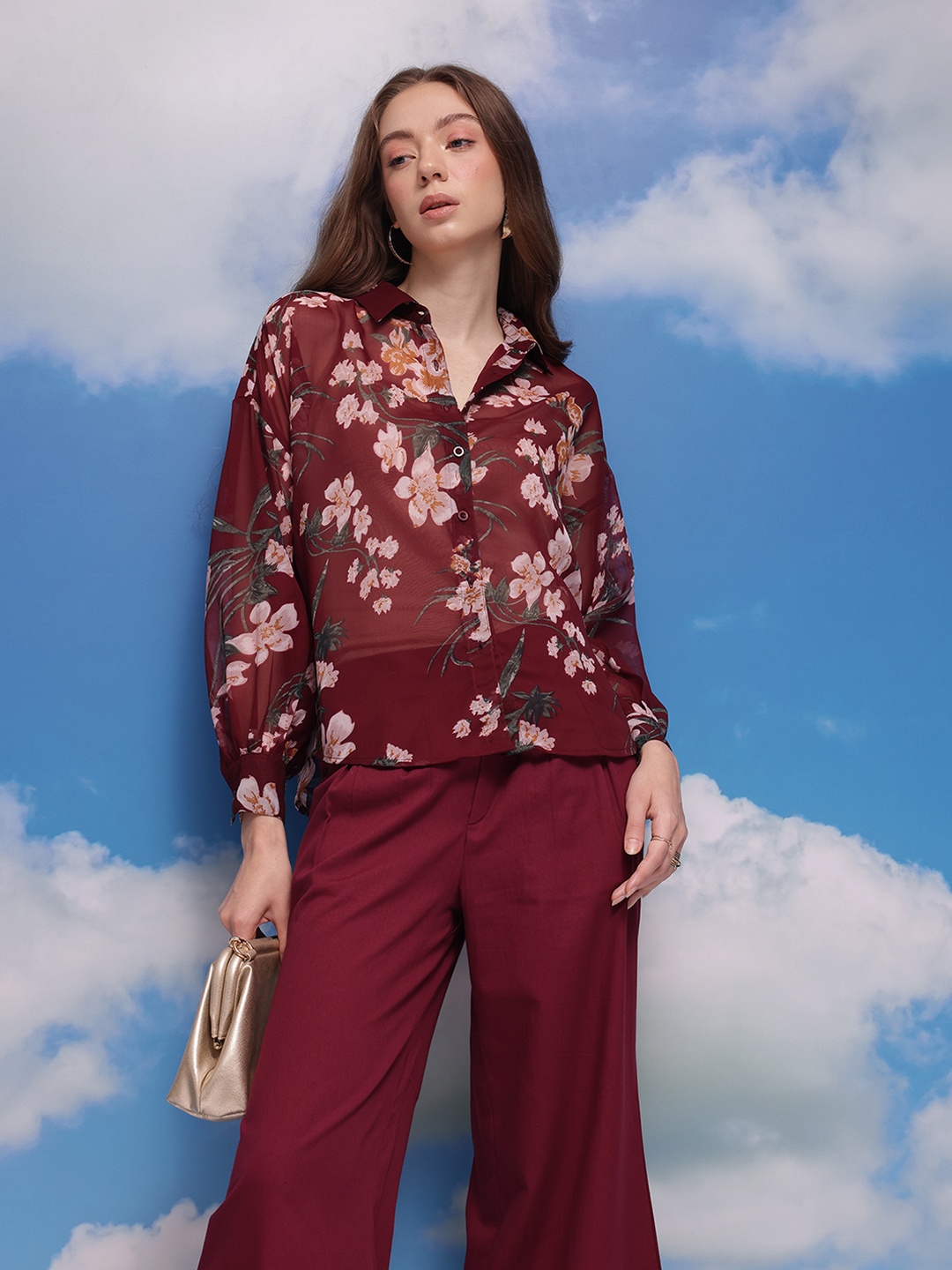 

CORSICA Floral Print Sheer Shirt, Maroon