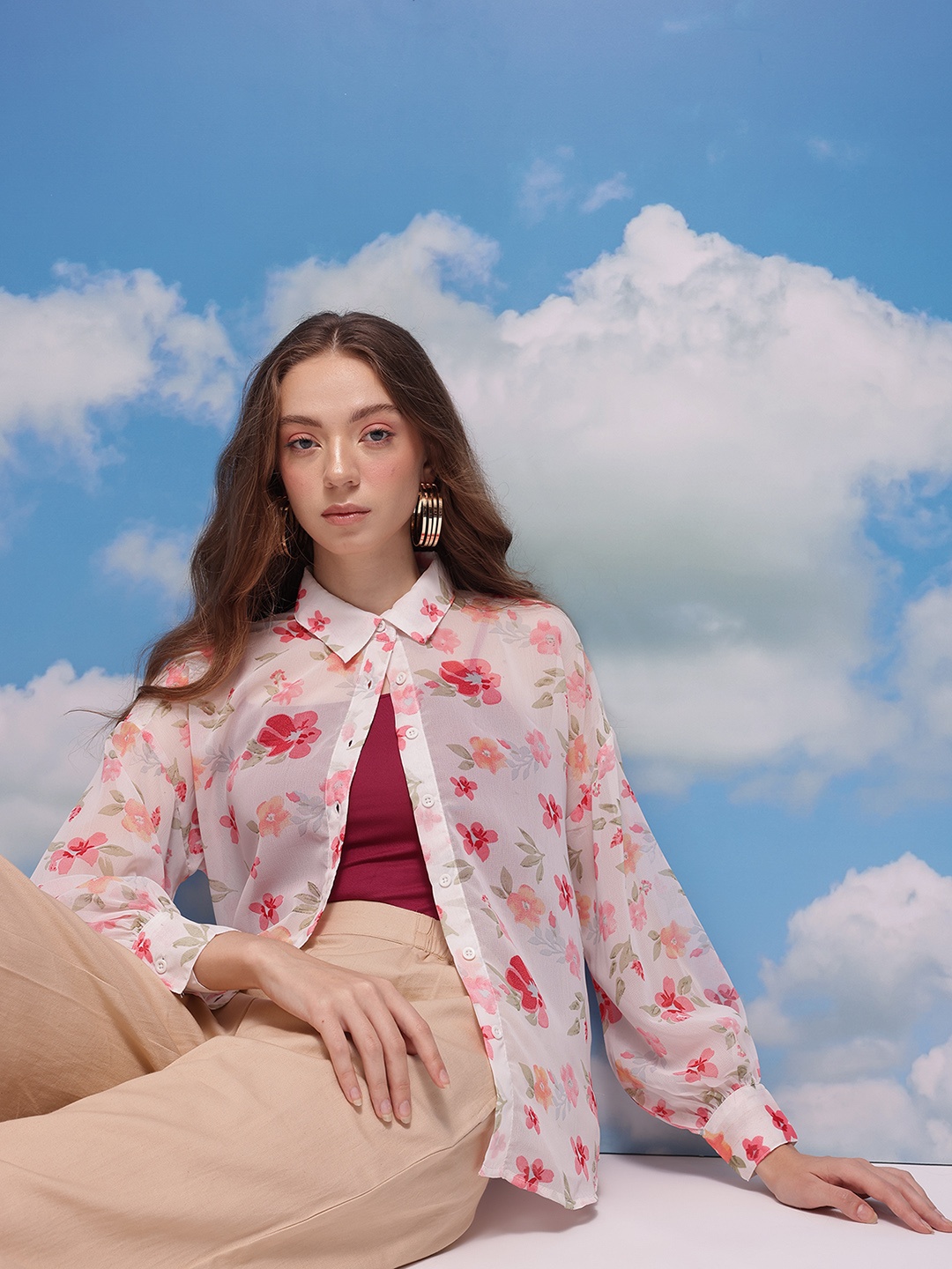 

CORSICA Floral Print Sheer Shirt, White