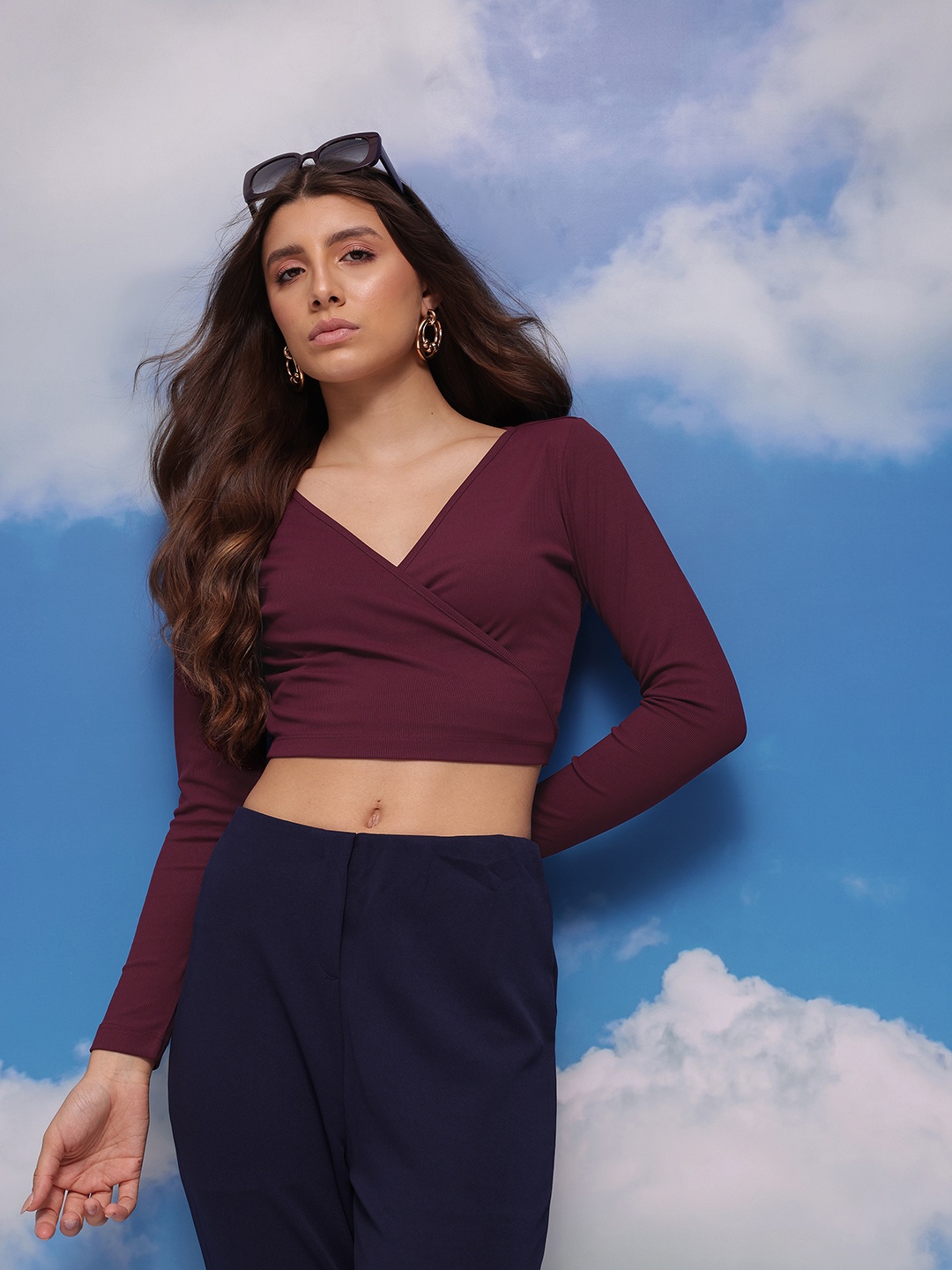 

CORSICA Ribbed Wrap Crop Top, Burgundy