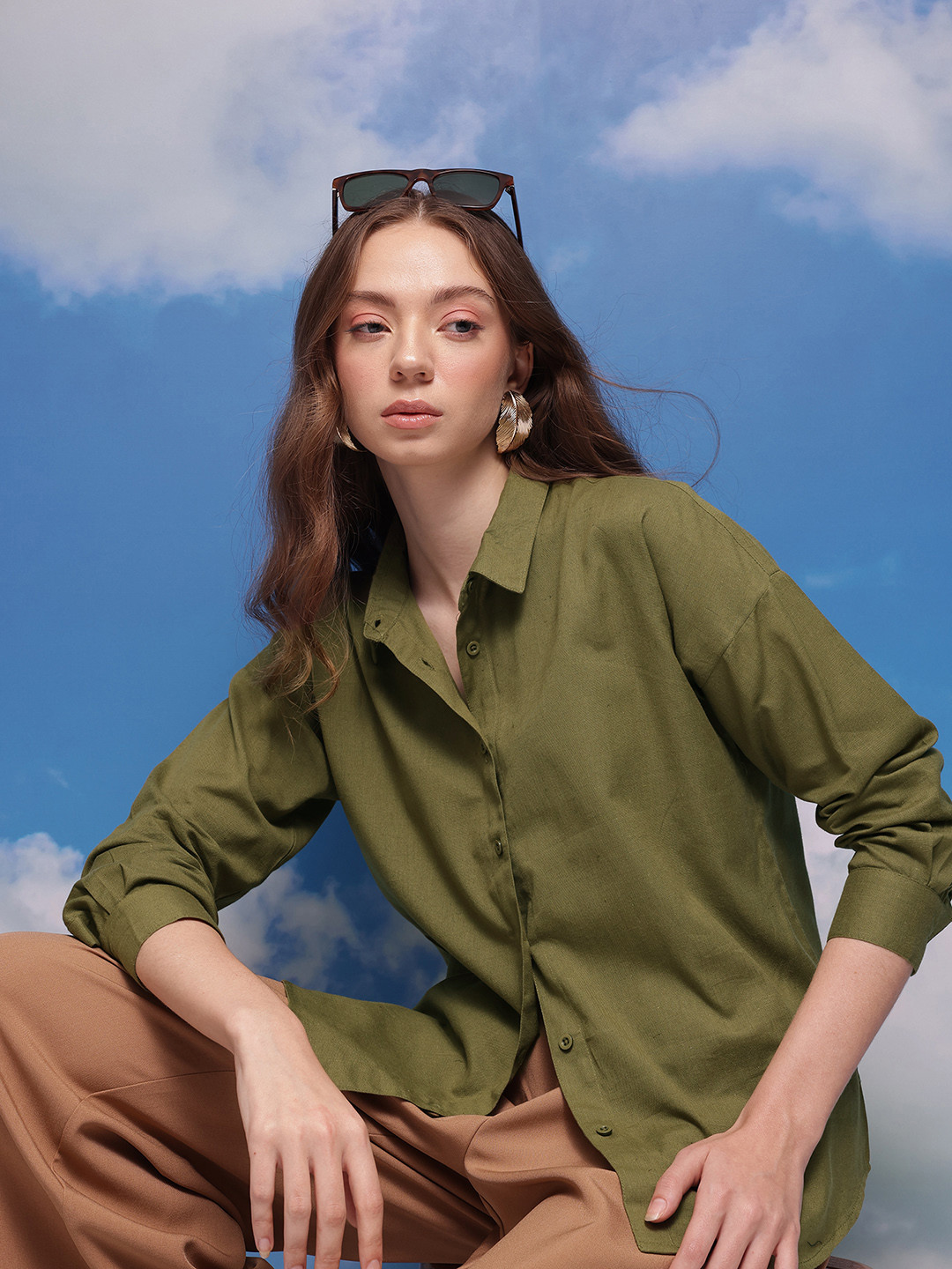 

CORSICA Women Cotton Linen Casual Shirt, Olive