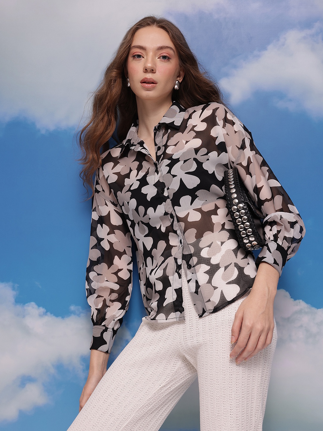 

CORSICA Floral Print Sheer Shirt, Black
