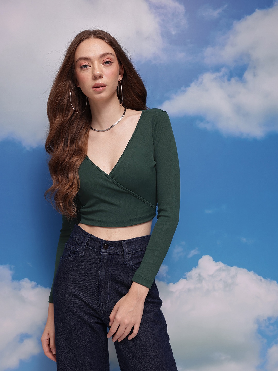 

CORSICA Ribbed Wrap Crop Top, Green
