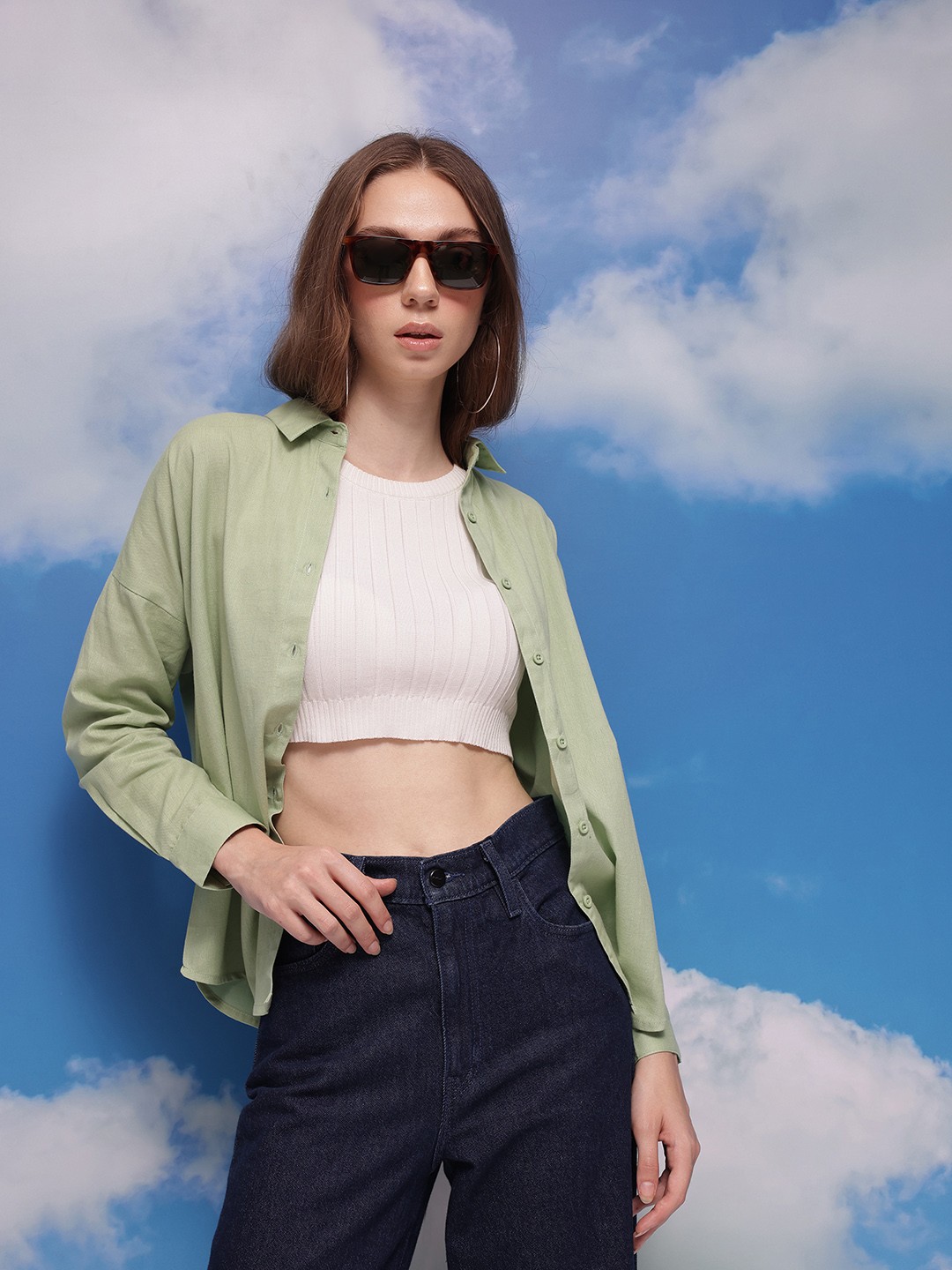 

CORSICA Women Cotton Linen Casual Shirt, Green