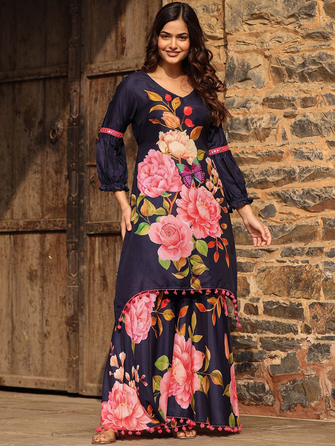 

ASHEERA Printed V-Neck Pure Cotton Tunic & Palazzos, Navy blue