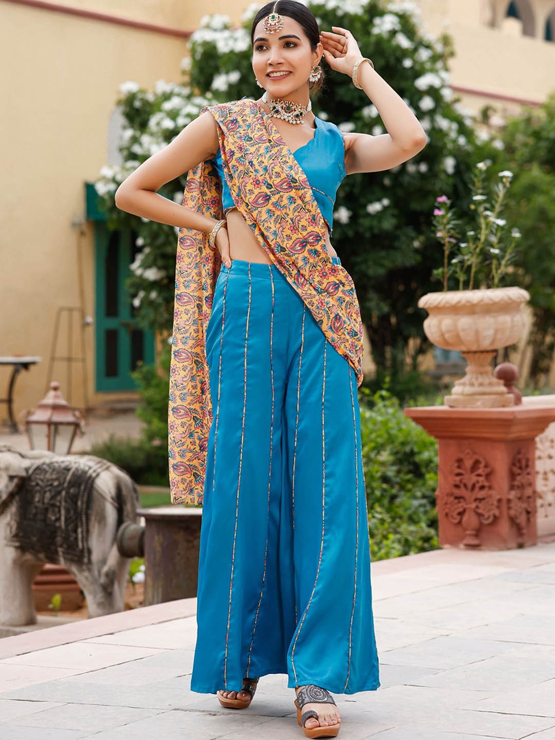 

ASHEERA Floral Printed Cotton Silk Top & Palazzo With Dupatta, Blue