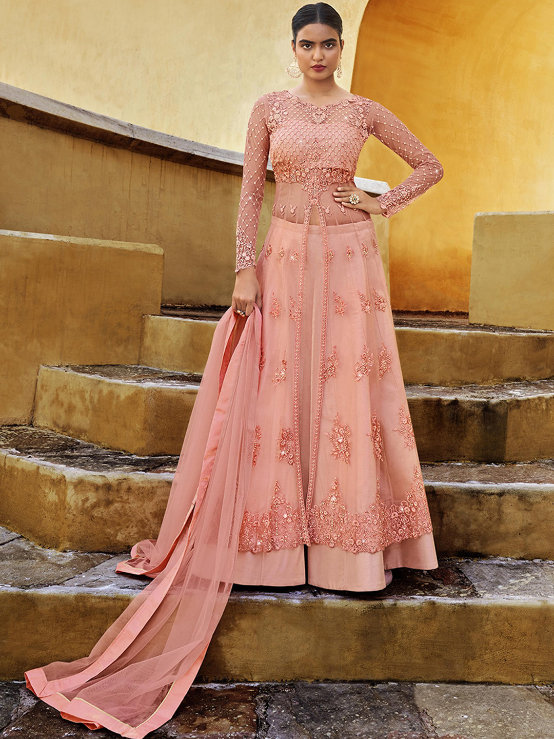 

KSM PRINTS Floral Embroidered Sequinned Semi-Stitched Dress Material, Peach