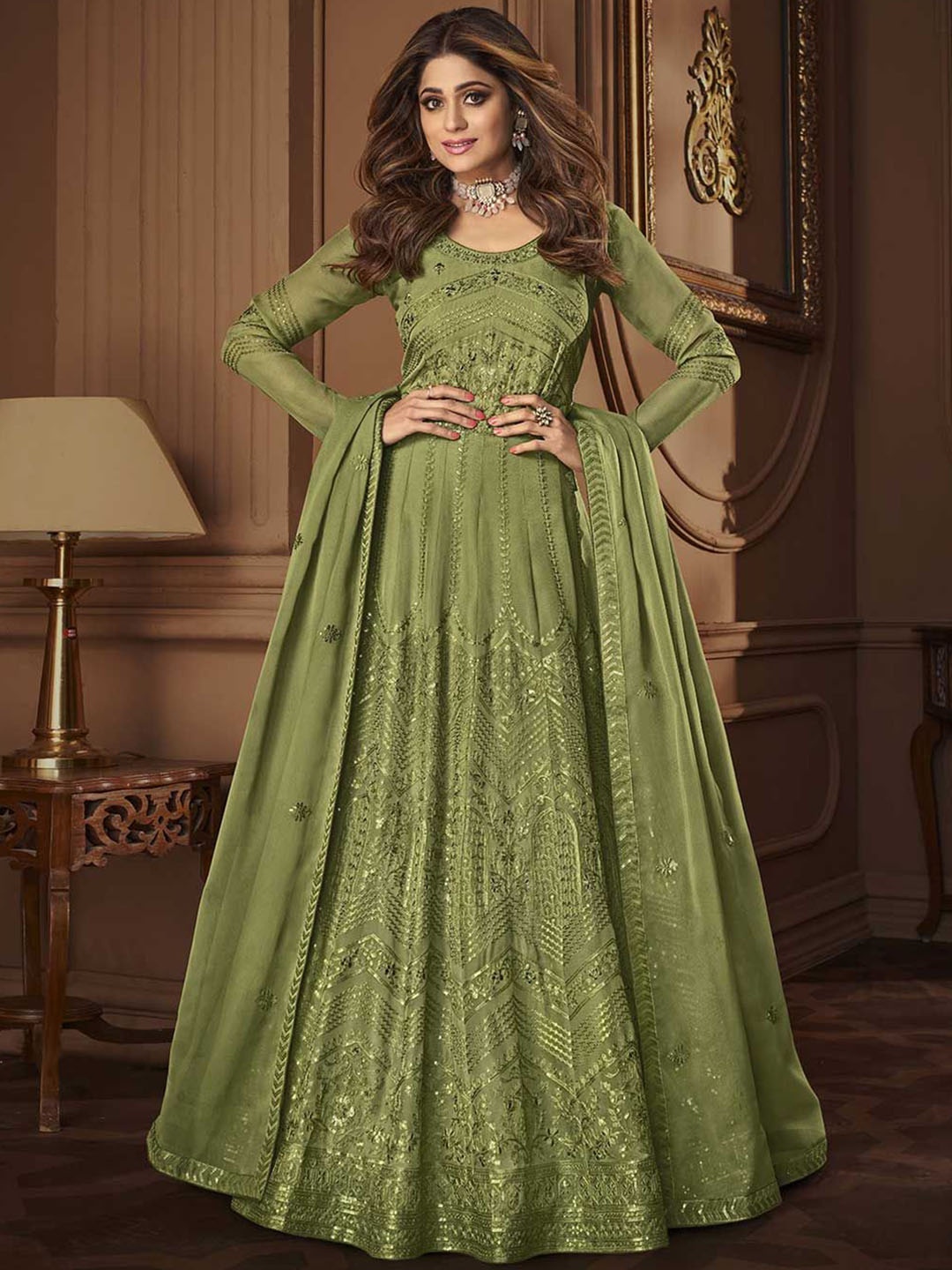 

KSM PRINTS Floral Embroidered Semi-Stitched Dress Material, Green