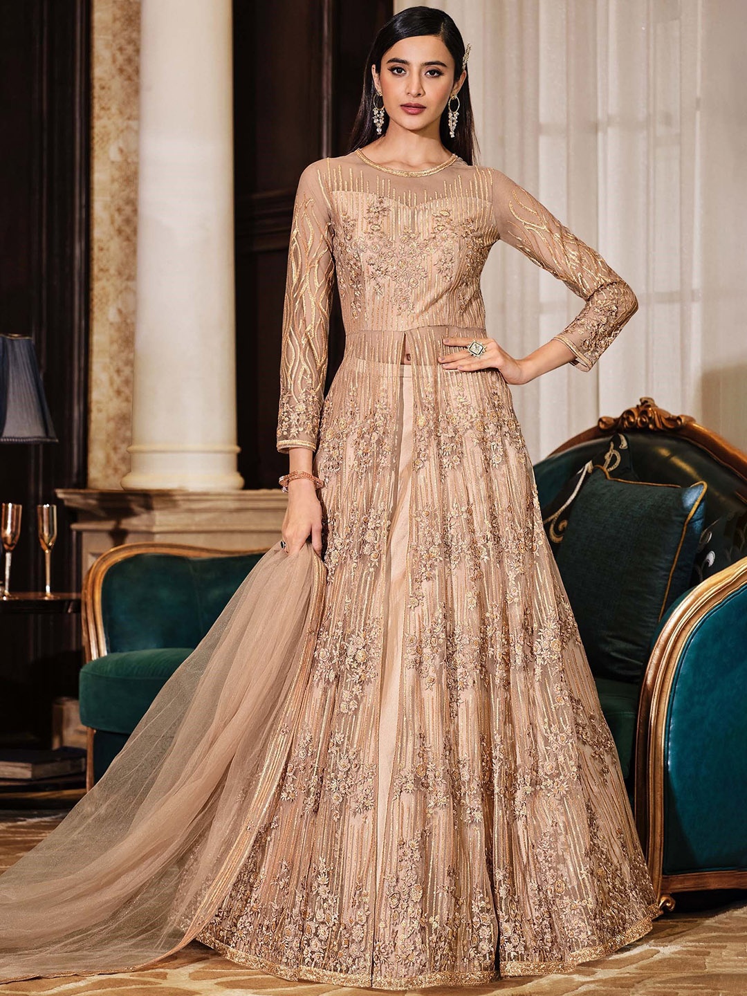 

KSM PRINTS Floral Embroidered Sequinned Semi-Stitched Dress Material, Beige