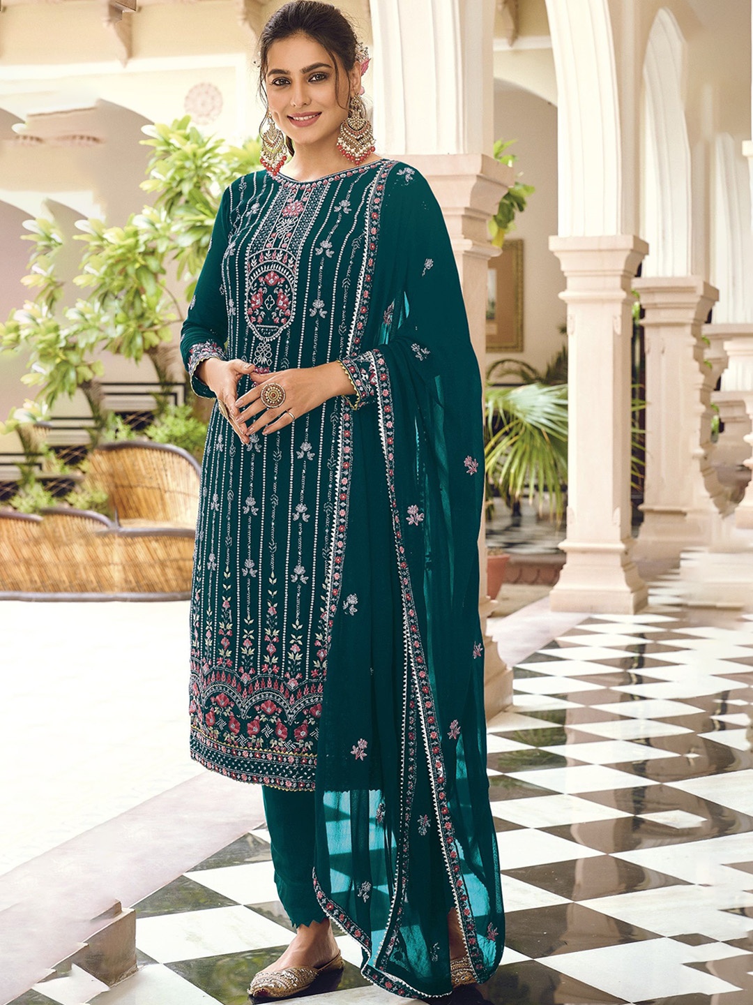 

KSM PRINTS Floral Embroidered Sequinned Semi-Stitched Dress Material, Blue