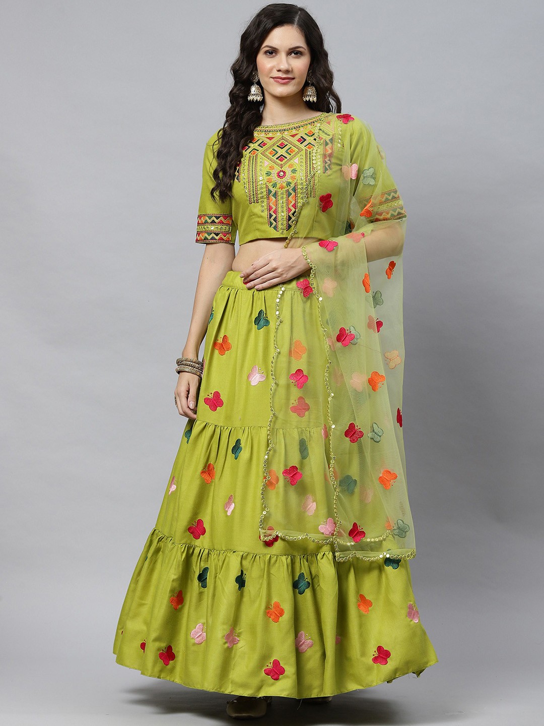 

KSM PRINTS Embroidered Sequinned Semi-Stitched Lehenga & Blouse With Dupatta, Green