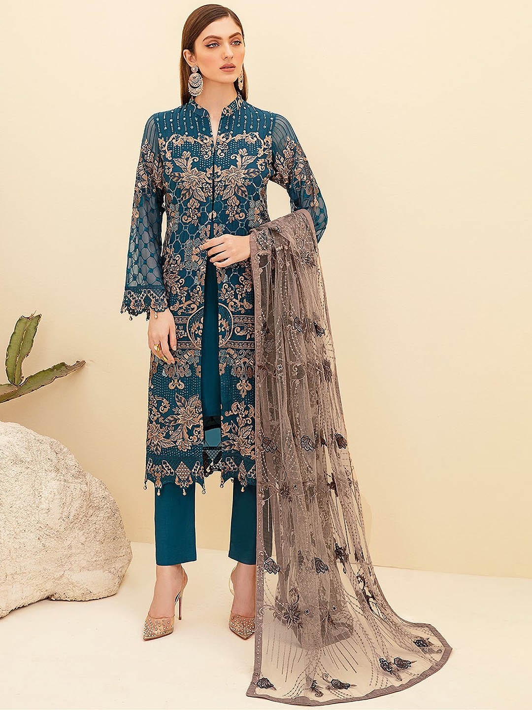 

KSM PRINTS Floral Embroidered Semi-Stitched Dress Material, Blue