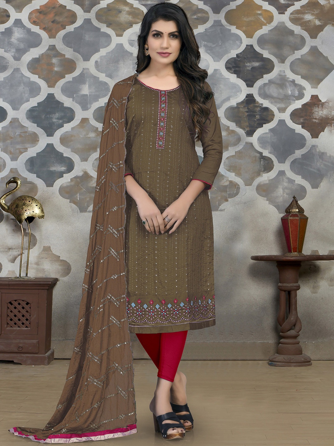 

KSM PRINTS Floral Embroidered Sequinned Semi-Stitched Dress Material, Olive