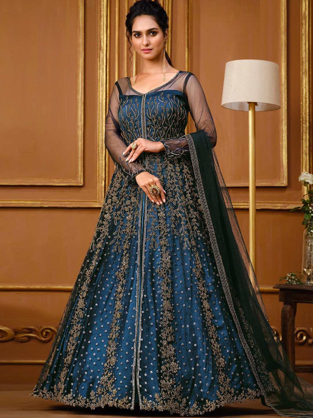 

KSM PRINTS Floral Embroidered Sequinned Semi-Stitched Dress Material, Blue