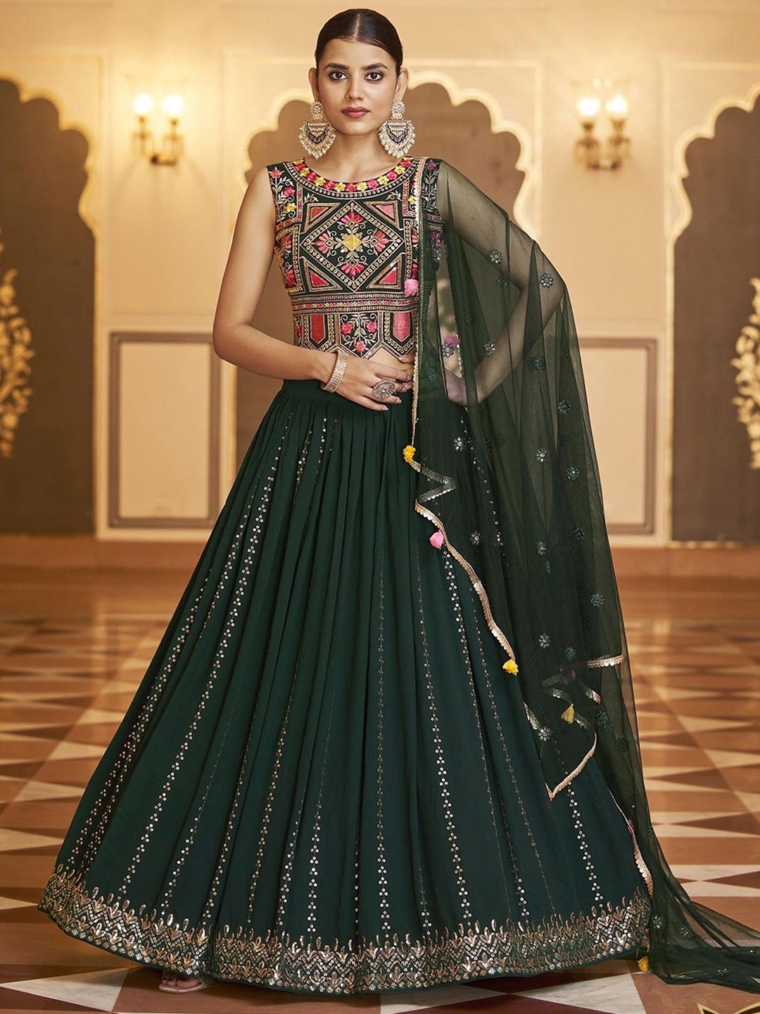 

KSM PRINTS Embroidered Sequinned Semi-Stitched Lehenga & Blouse With Dupatta, Green