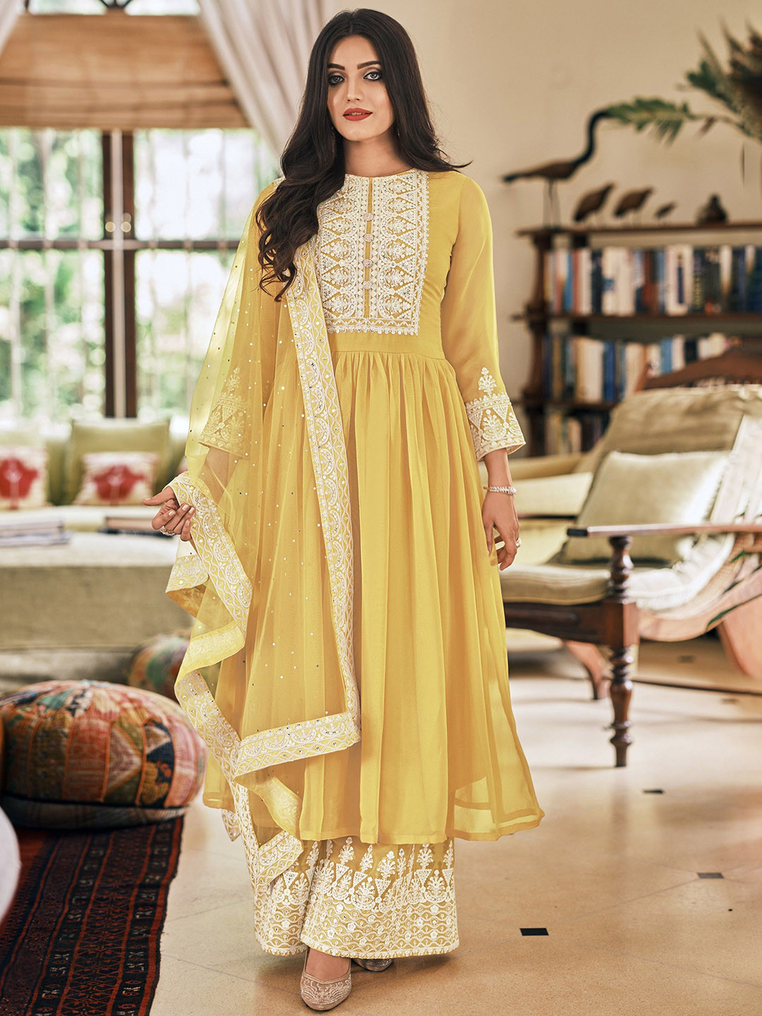 

KSM PRINTS Ethnic Motifs Embroidered Sequinned Semi-Stitched Dress Material, Yellow