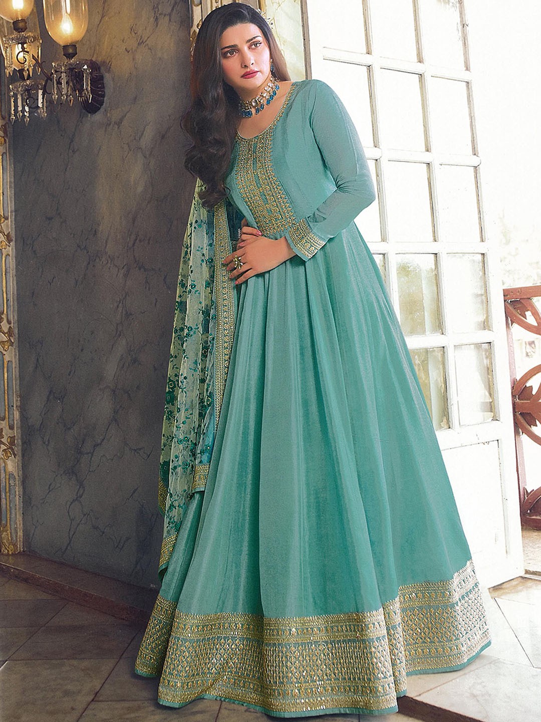 

KSM PRINTS Floral Embroidered Sequinned Semi-Stitched Dress Material, Green