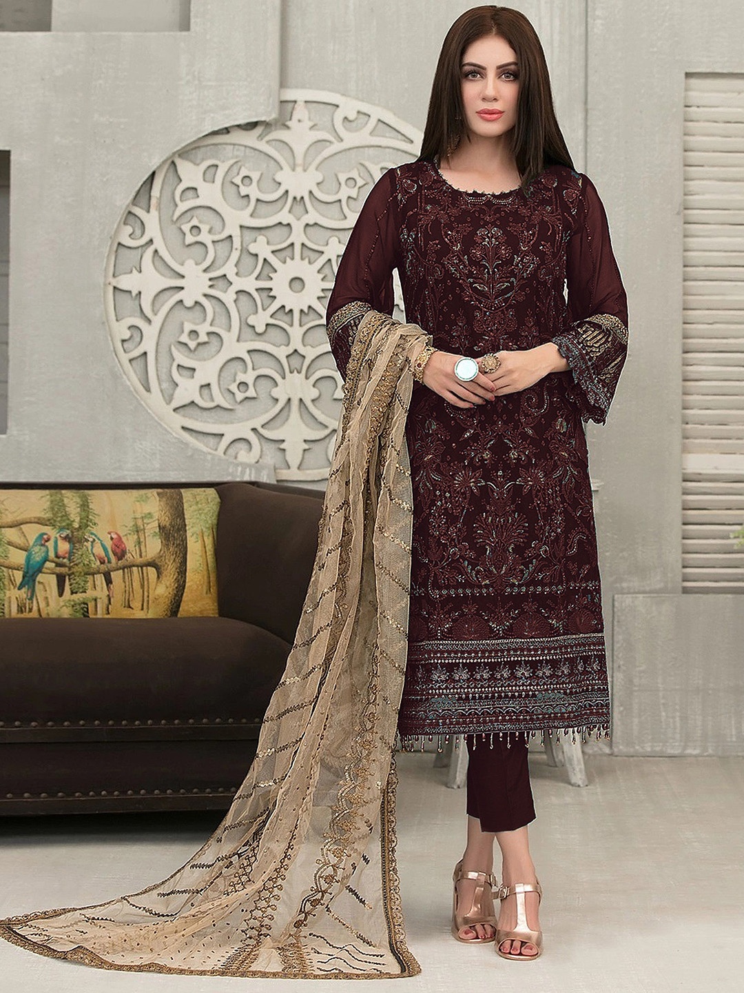 

KSM PRINTS Floral Embroidered Beads Work Semi-Stitched Dress Material, Brown