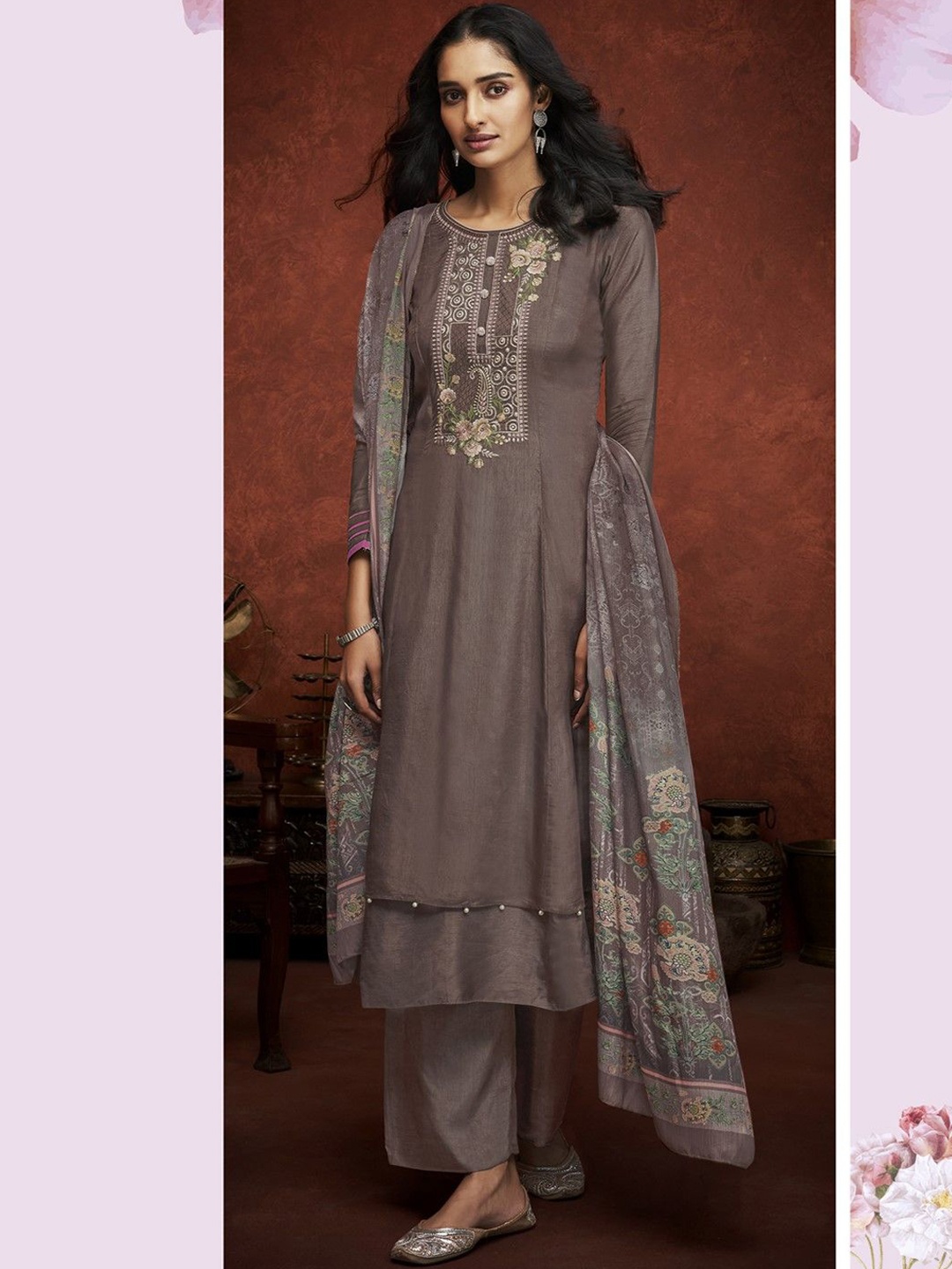 

KSM PRINTS Floral Embroidered Semi-Stitched Dress Material, Brown