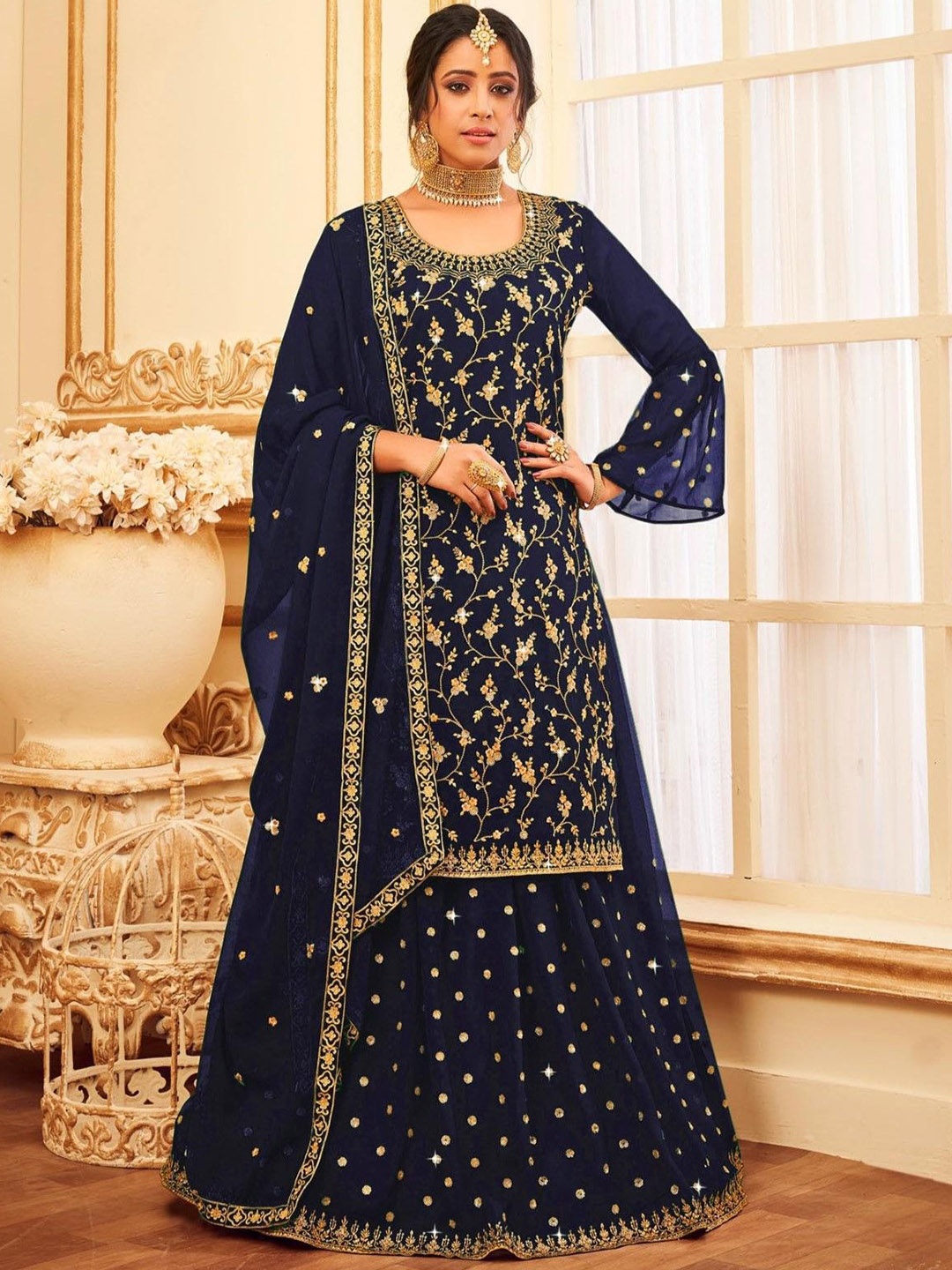 

KSM PRINTS Floral Embroidered Semi-Stitched Dress Material, Navy blue