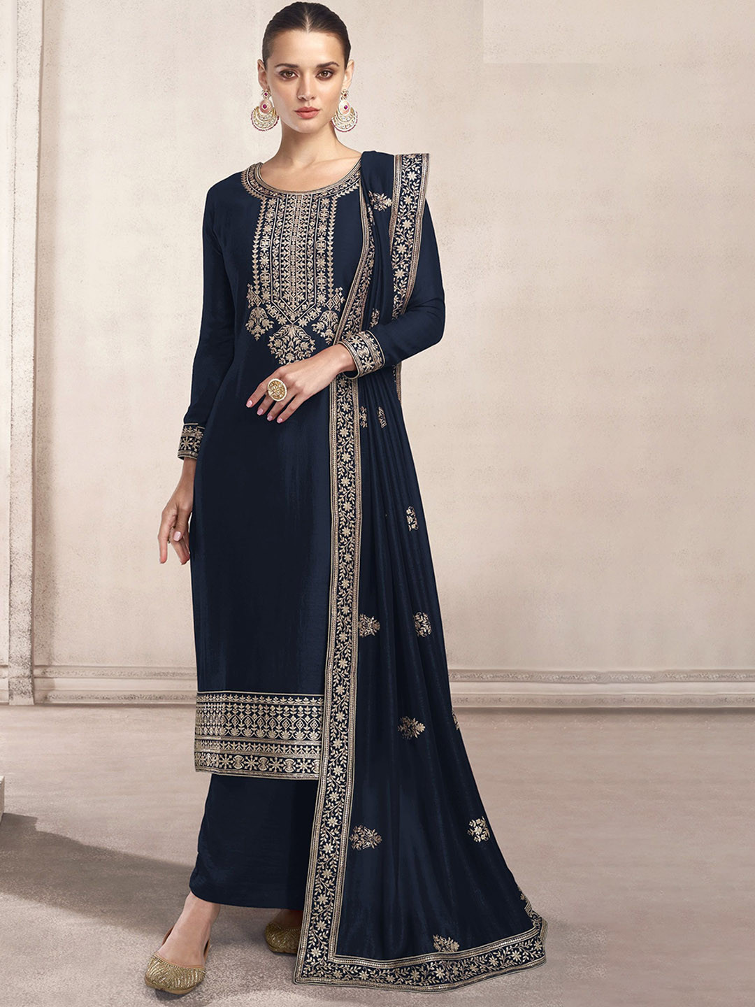 

KSM PRINTS Ethnic Motifs Embroidered Zari Semi-Stitched Dress Material, Navy blue