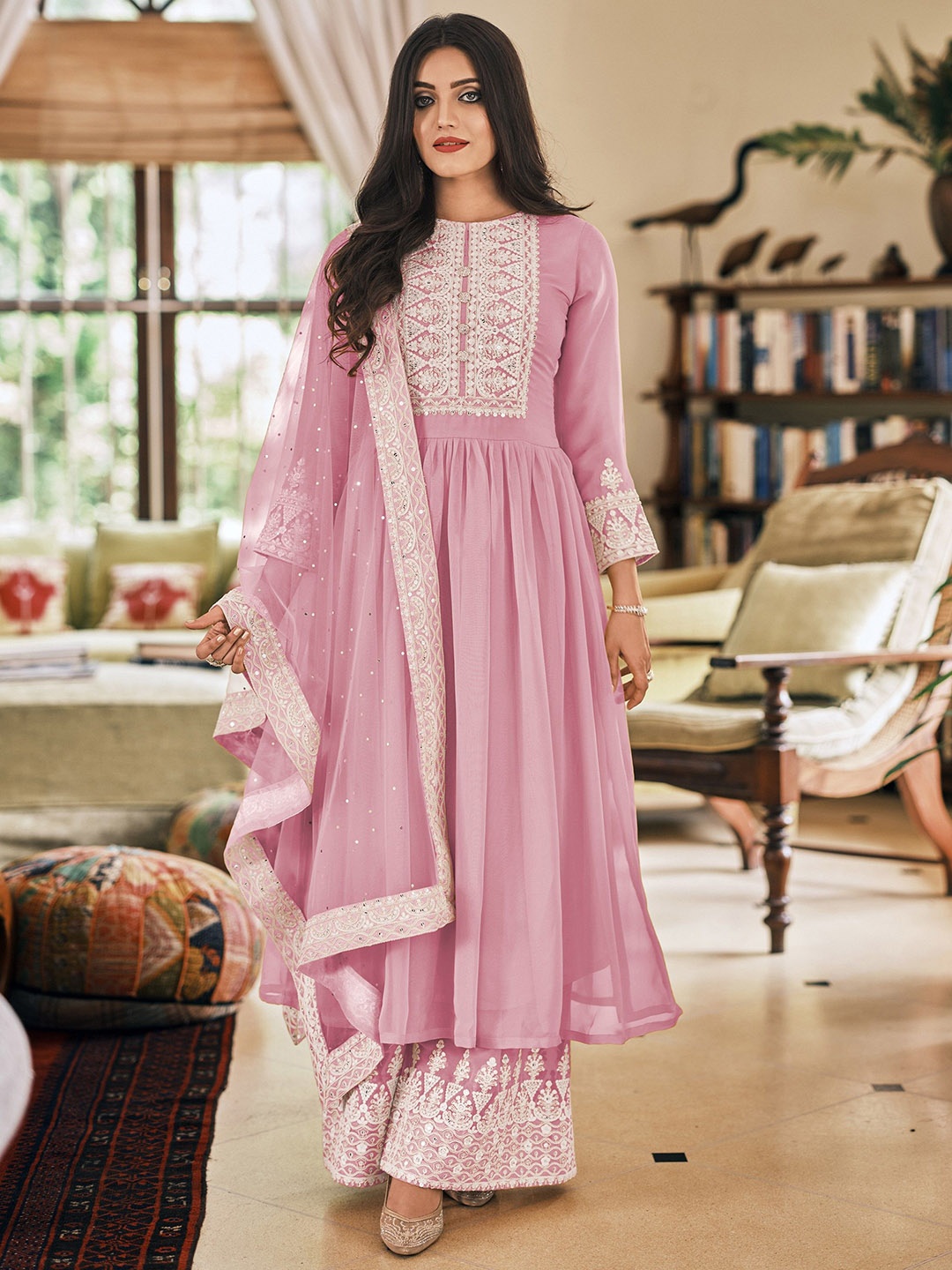 

KSM PRINTS Ethnic Motifs Embroidered Sequinned Semi-Stitched Dress Material, Pink