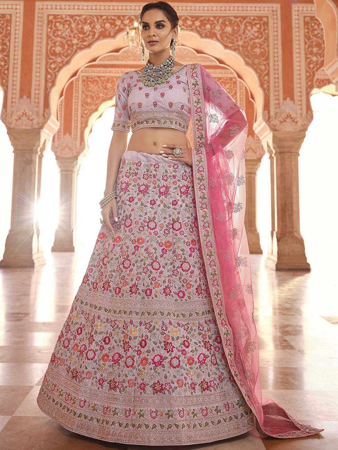 

KSM PRINTS Floral Embroidered Semi-Stitched Dress Material, Grey