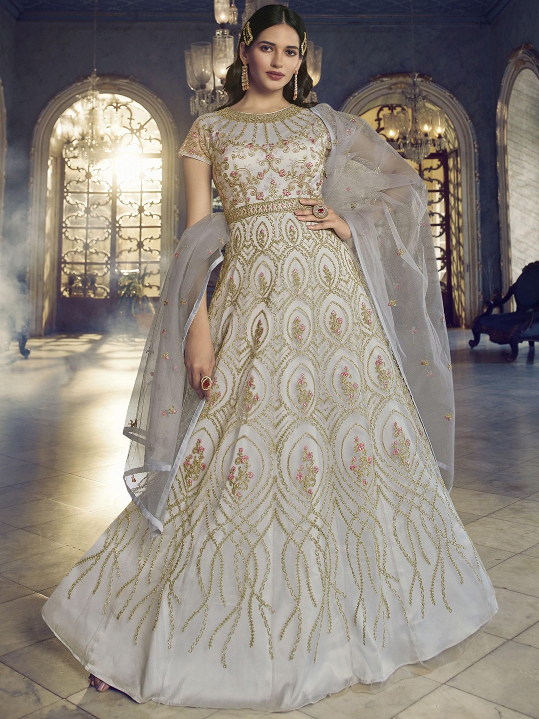 

KSM PRINTS Ethnic Motifs Embroidered Sequinned Semi-Stitched Dress Material, Grey