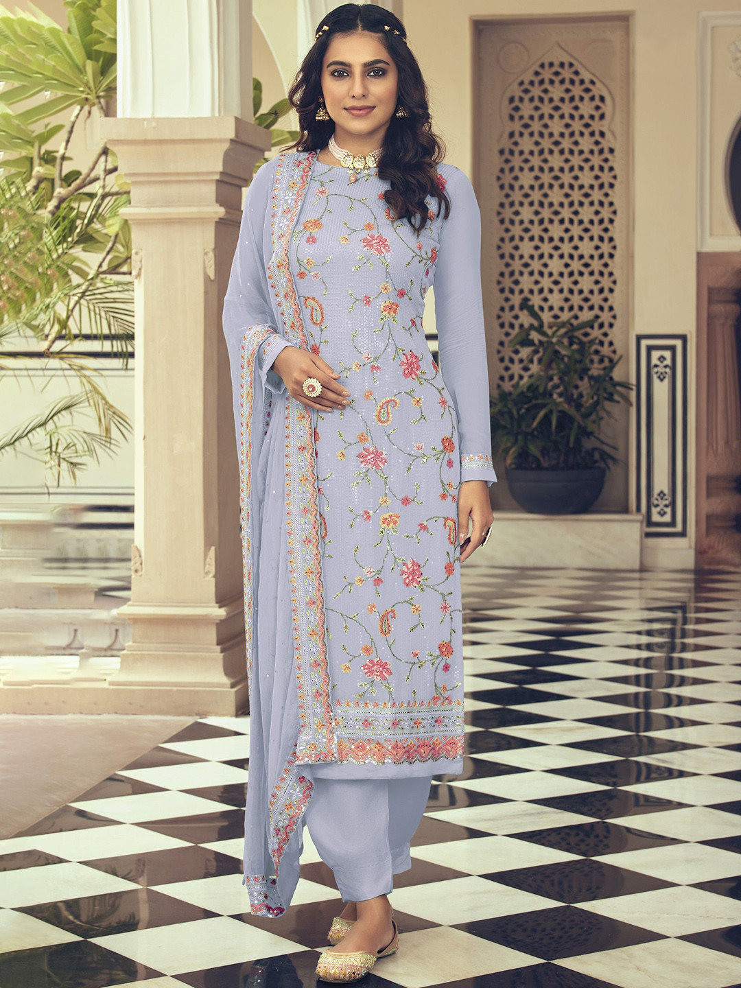

KSM PRINTS Paisley Embroidered Sequinned Semi-Stitched Dress Material, Blue