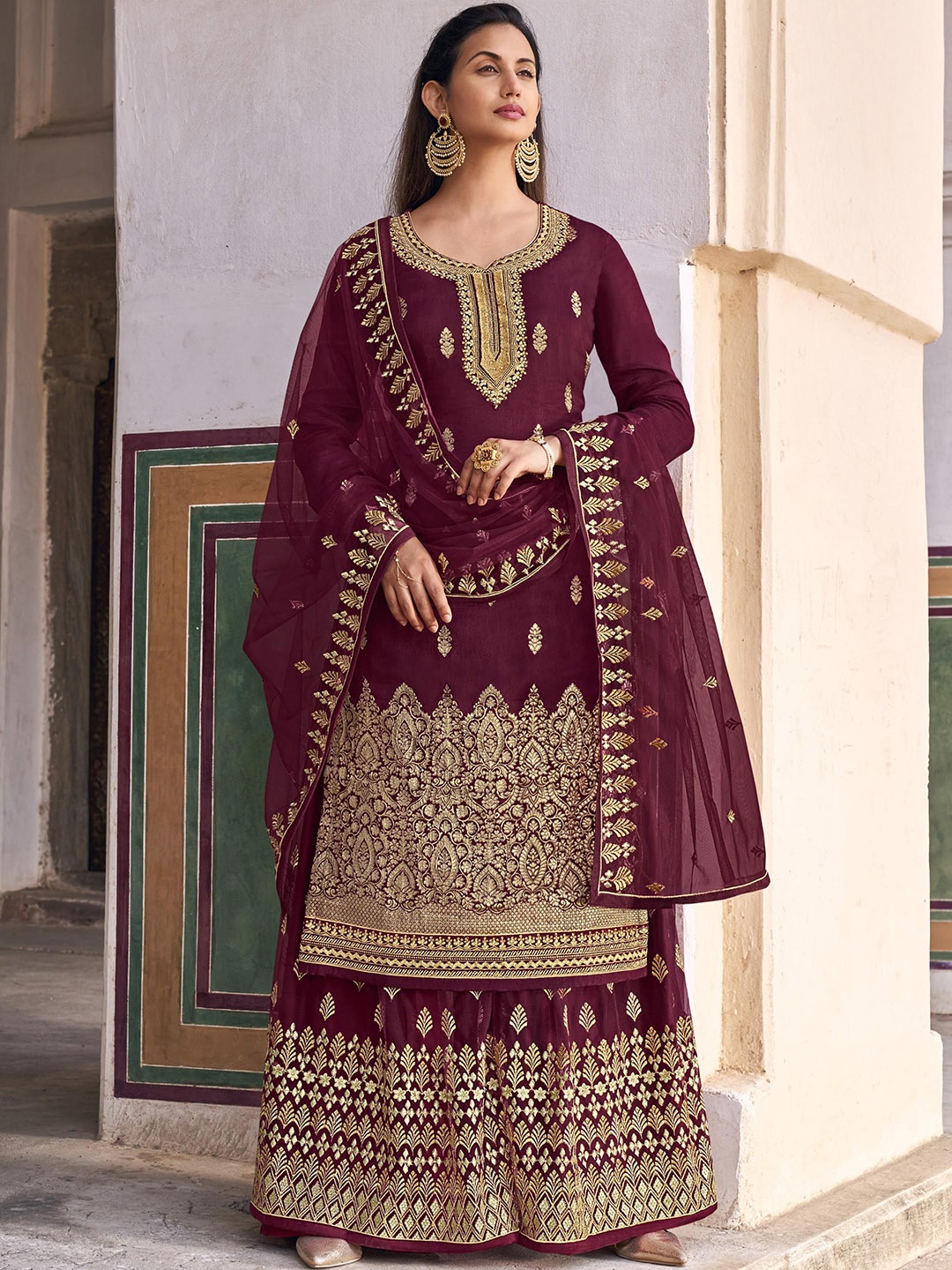 

KSM PRINTS Floral Embroidered Zari Semi-Stitched Dress Material, Maroon