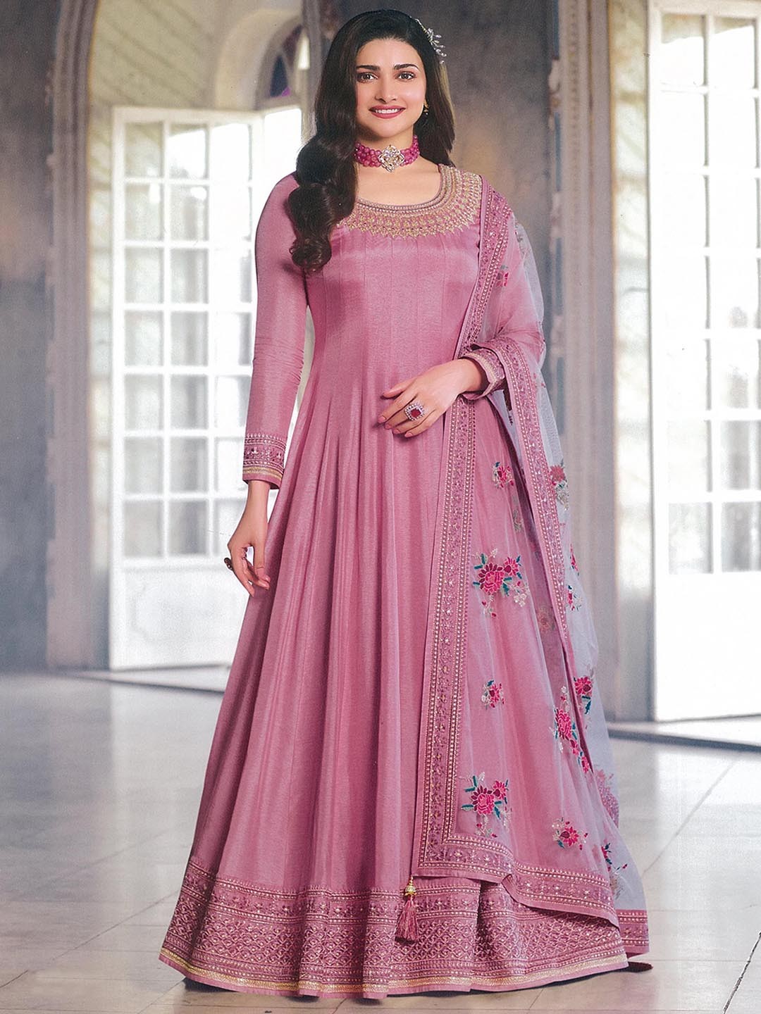 

KSM PRINTS Floral Embroidered Semi-Stitched Dress Material, Pink