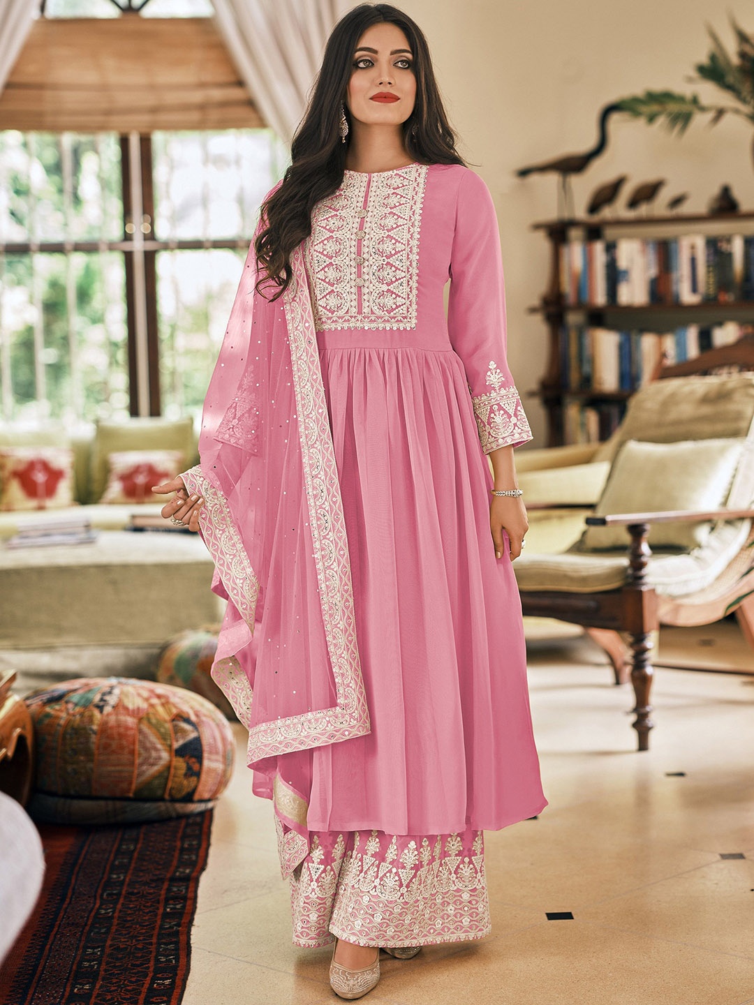 

KSM PRINTS Ethnic Motifs Embroidered Sequinned Semi-Stitched Dress Material, Pink