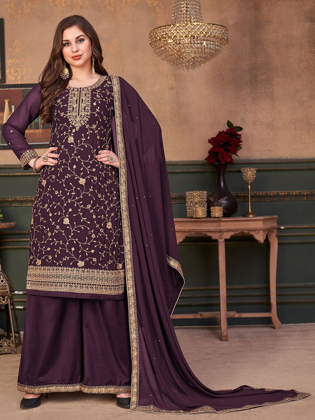 

KSM PRINTS Floral Embroidered Zari Semi-Stitched Dress Material, Purple