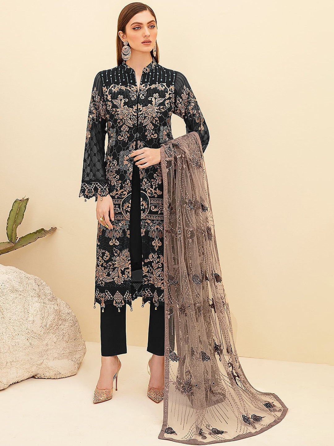 

KSM PRINTS Floral Embroidered Zari Semi-Stitched Dress Material, Black