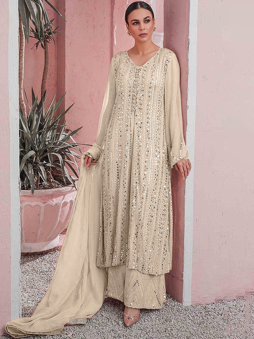 

KSM PRINTS Floral Embroidered Sequinned Semi-Stitched Dress Material, Cream