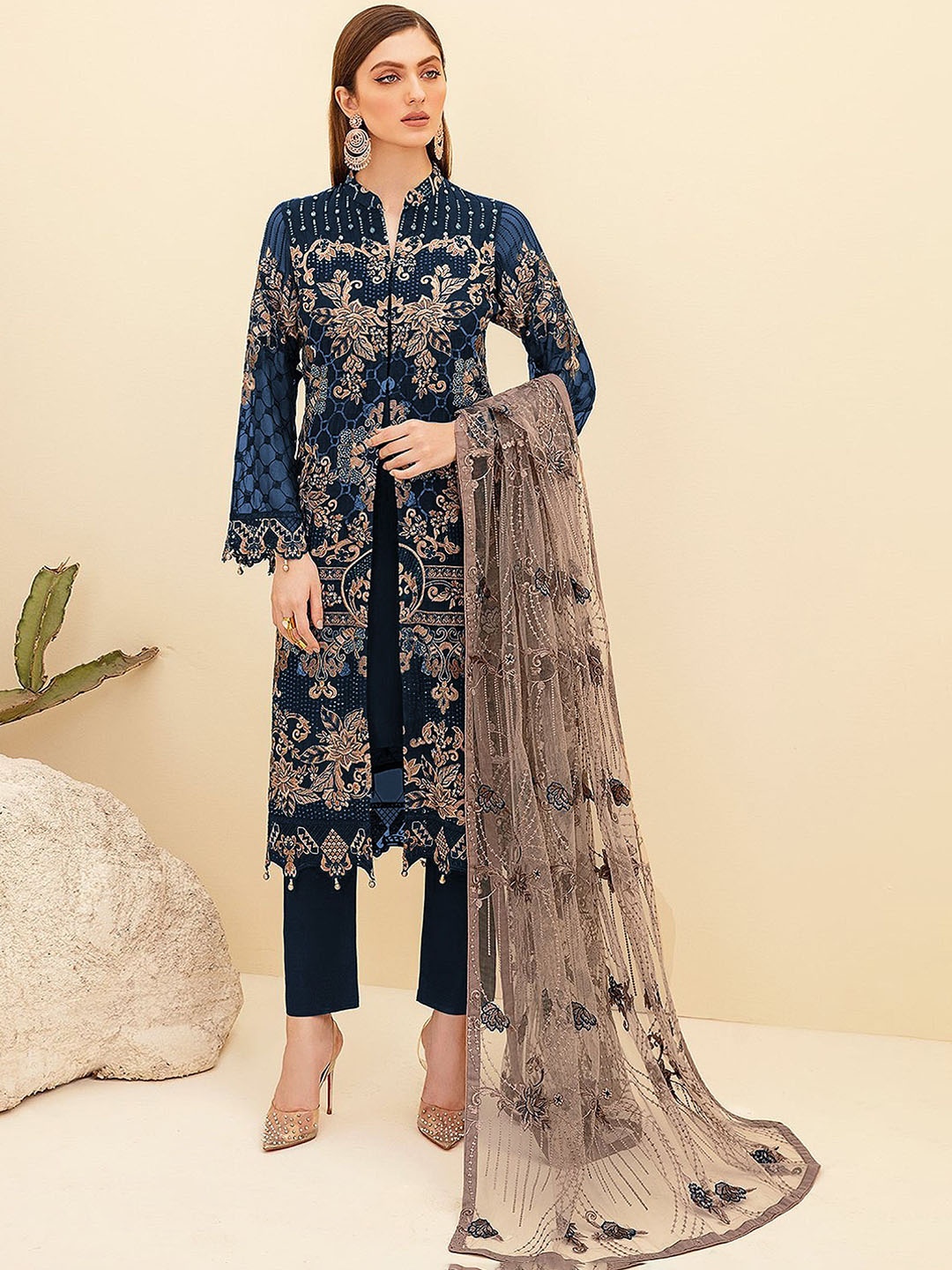 

KSM PRINTS Floral Embroidered Zari Semi-Stitched Dress Material, Blue