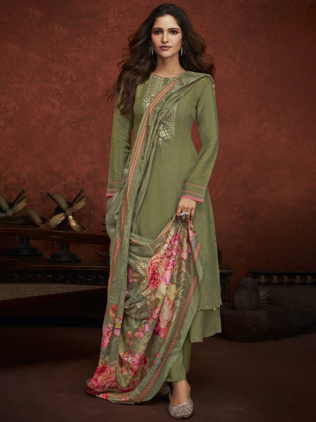 

KSM PRINTS Floral Embroidered Semi-Stitched Dress Material, Green