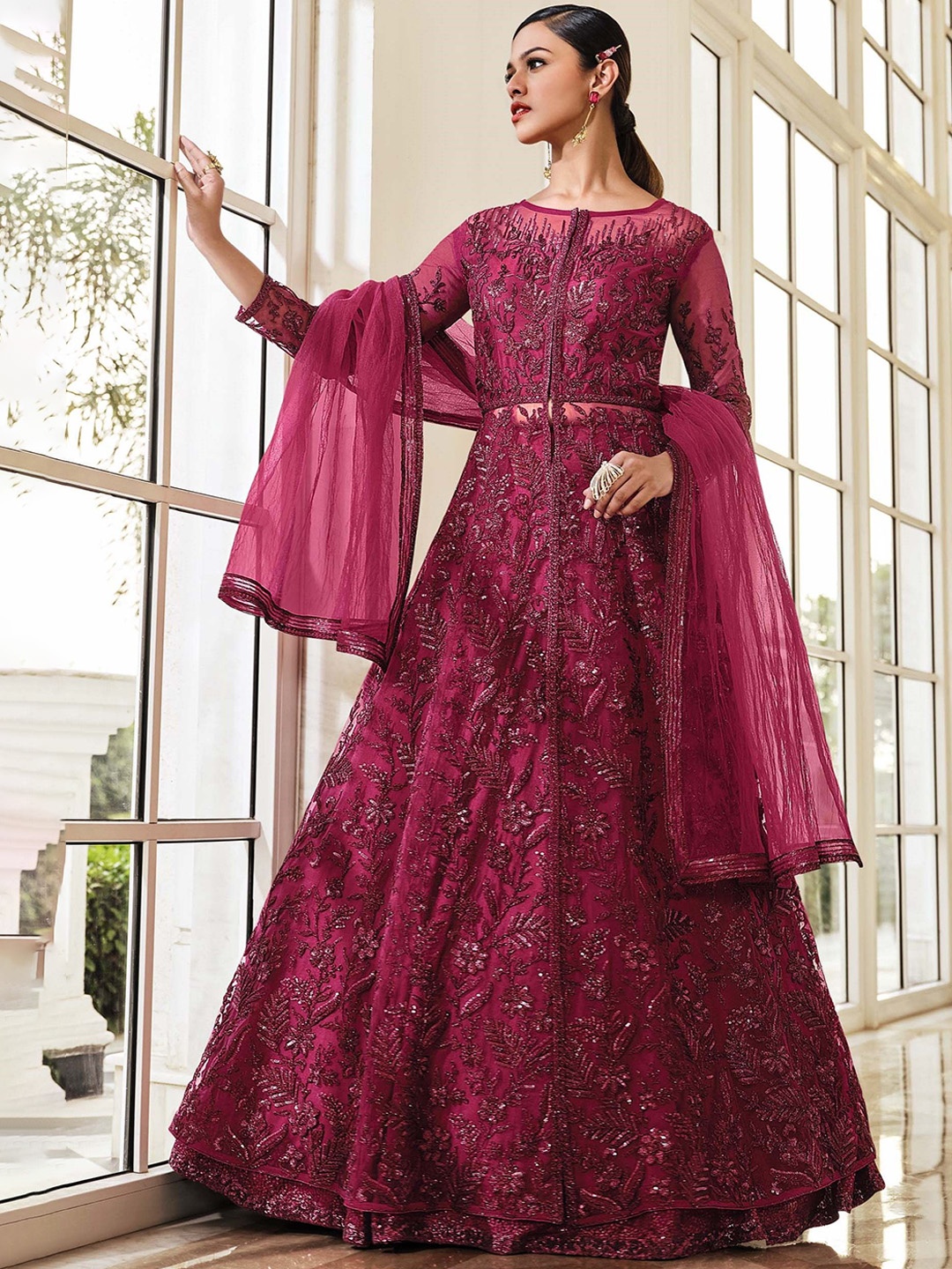 

KSM PRINTS Floral Embroidered Sequinned Semi-Stitched Dress Material, Burgundy