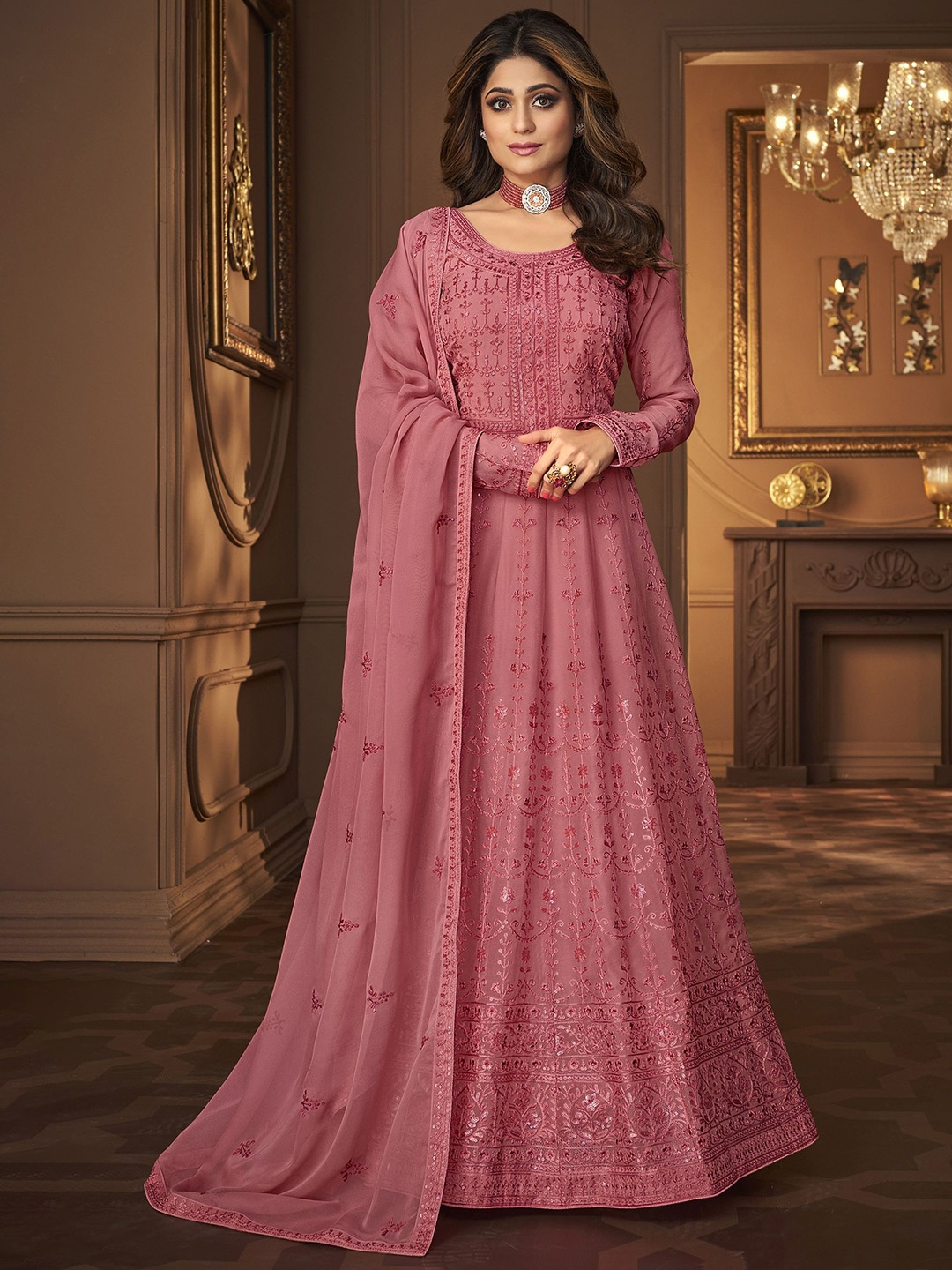 

KSM PRINTS Embroidered Semi-Stitched Dress Material, Pink