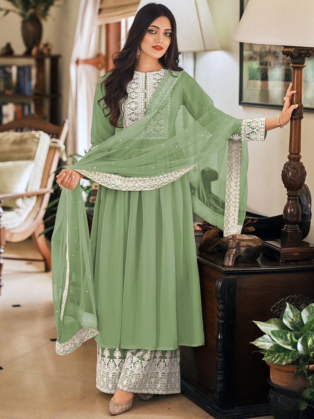 

KSM PRINTS Ethnic Motifs Embroidered Sequinned Semi-Stitched Dress Material, Green