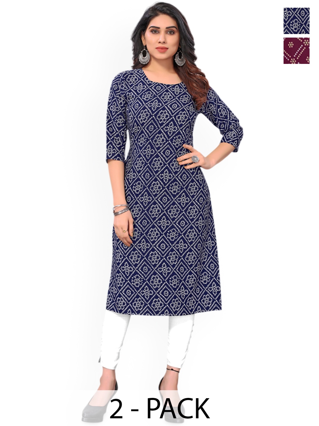 

KETAKI FASHION Selection of 2 Bandhani Printed Straight Kurtas, Blue