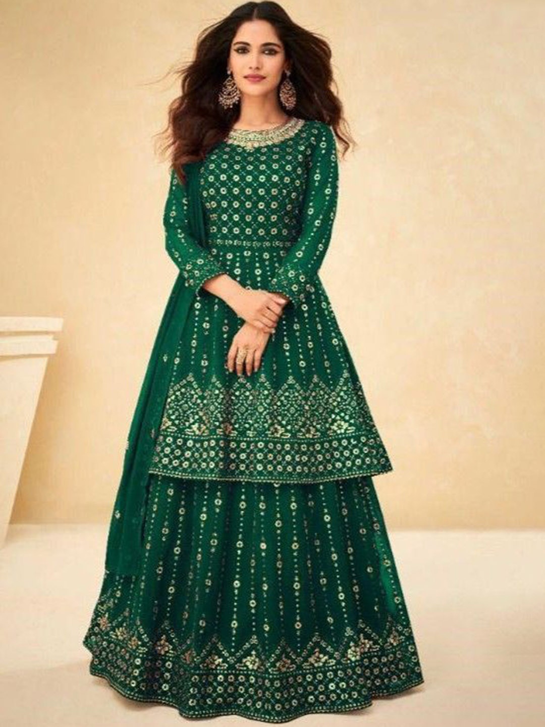 

KSM PRINTS Floral Embroidered Zari Semi-Stitched Dress Material, Green