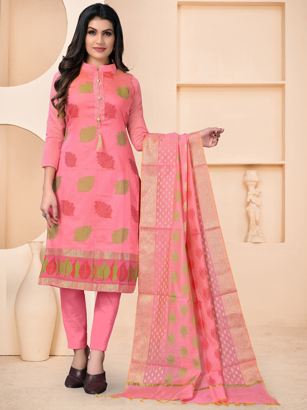 

KSM PRINTS Floral Woven Design Zari Work Semi-Stitched Dress Material, Pink