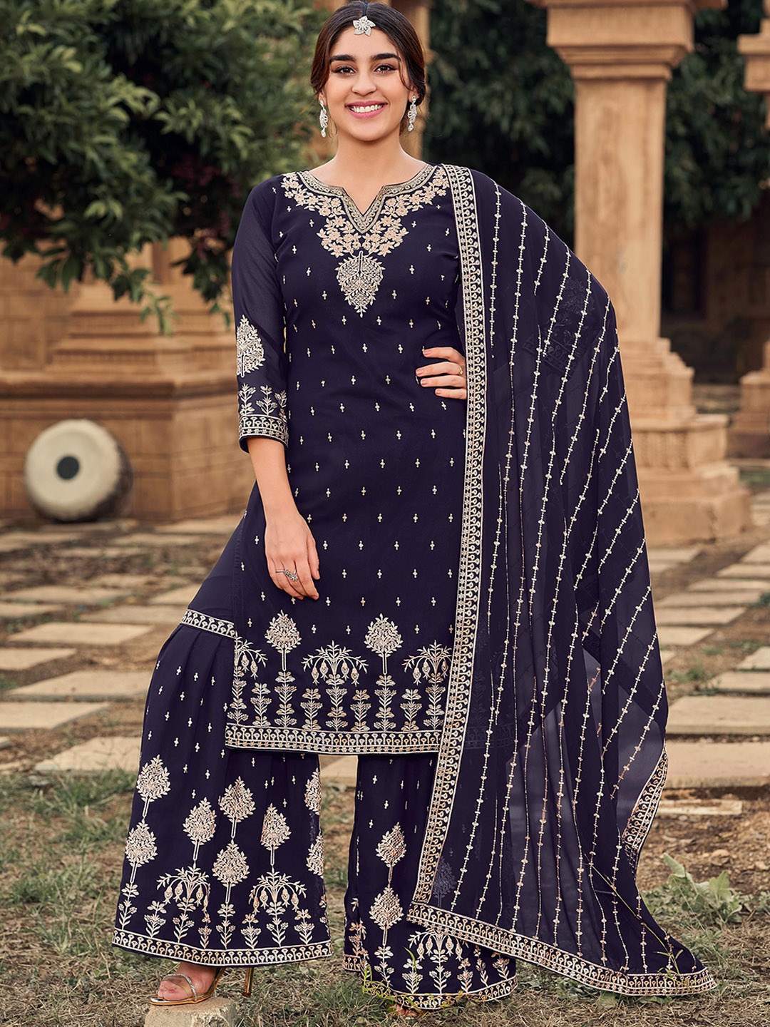 

KSM PRINTS Floral Embroidered Zari Semi-Stitched Dress Material, Navy blue