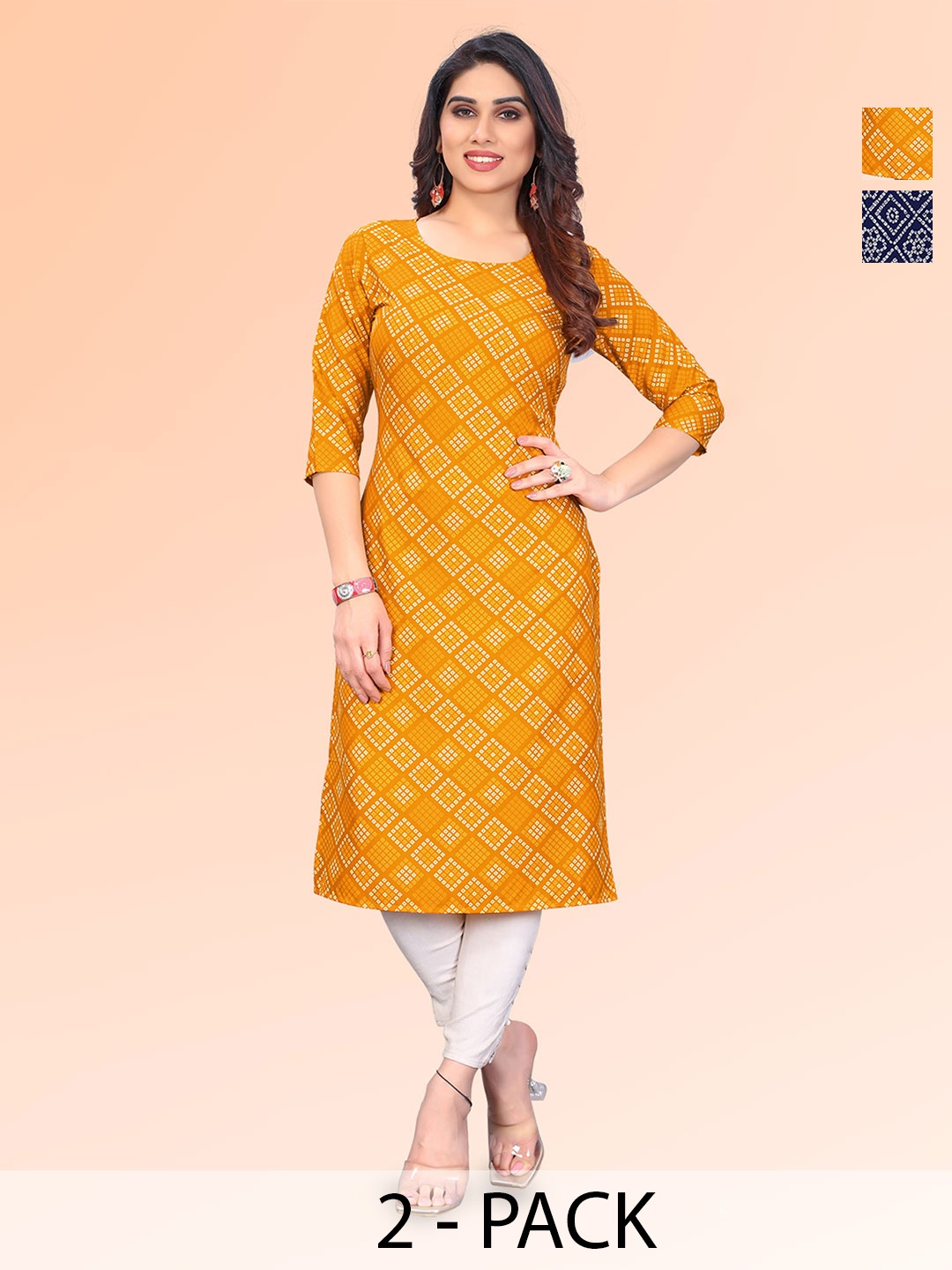 

KETAKI FASHION Selection of 2 Geometric Printed Straight Kurtas, Yellow