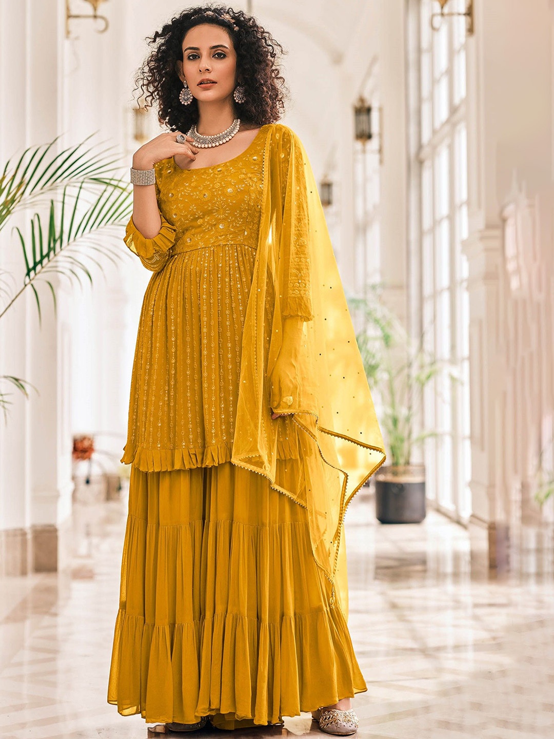 

KSM PRINTS Floral Embroidered Sequinned Semi-Stitched Dress Material, Gold