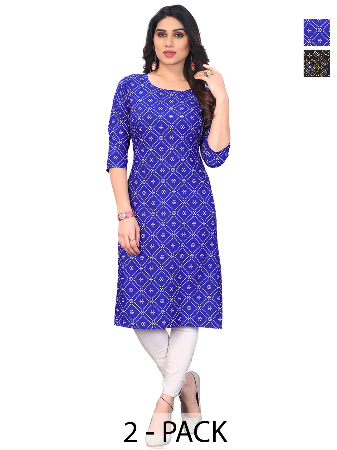 

KETAKI FASHION Selection Of 2 Bandhani Printed Straight Kurtas, Blue