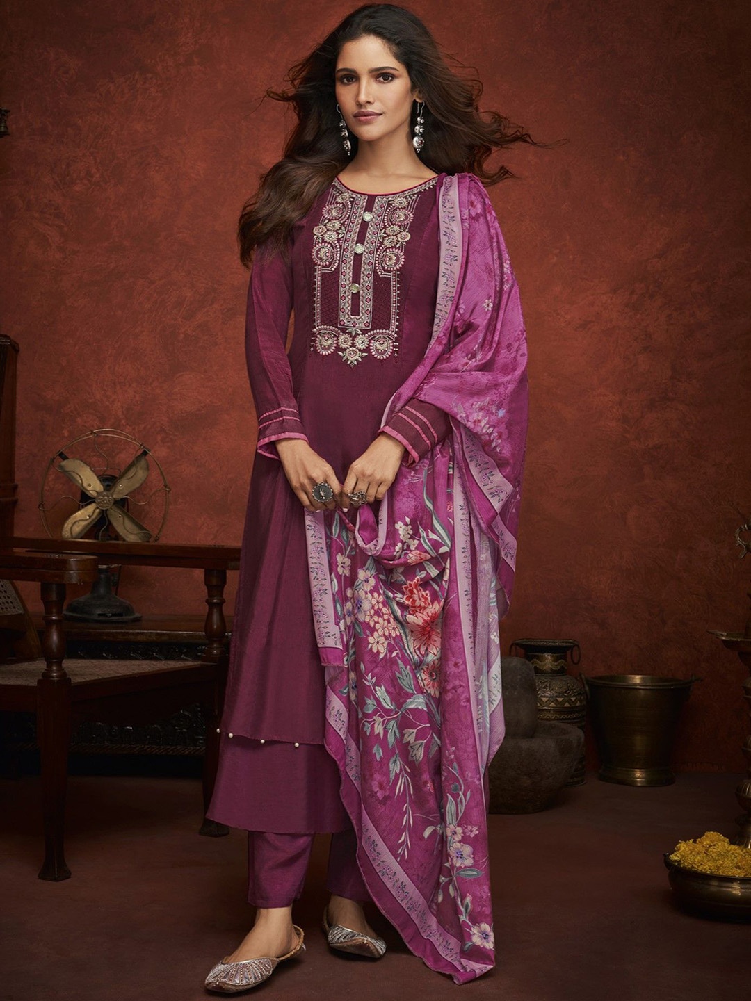 

KSM PRINTS Floral Embroidered Sequinned Semi-Stitched Dress Material, Magenta