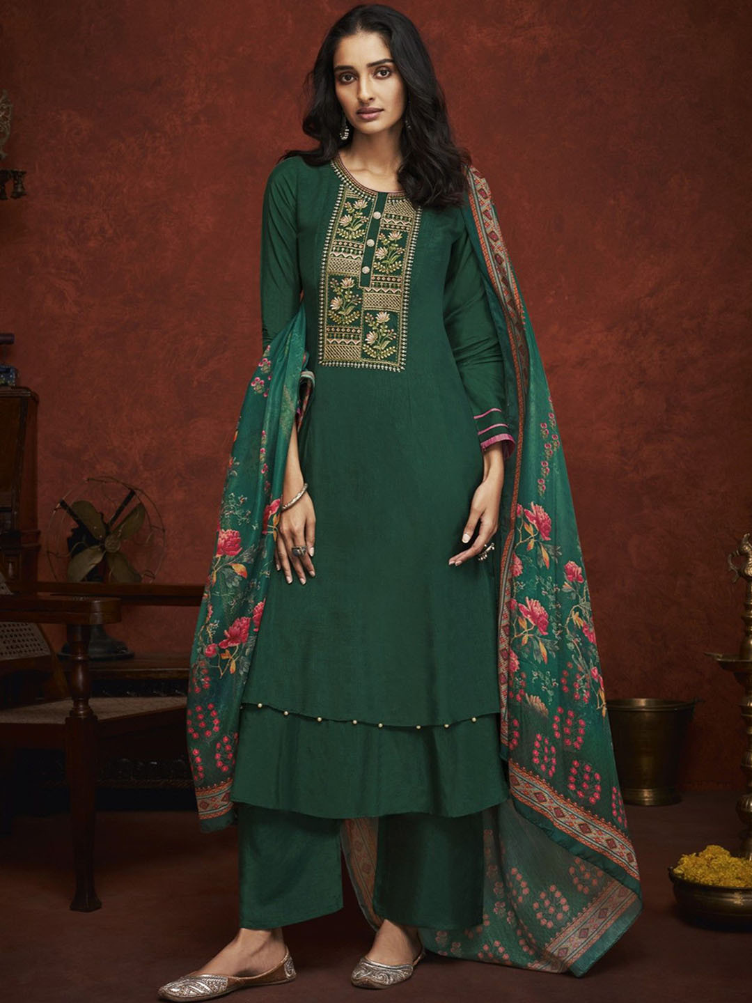 

KSM PRINTS Floral Embroidered Sequinned Semi-Stitched Dress Material, Green
