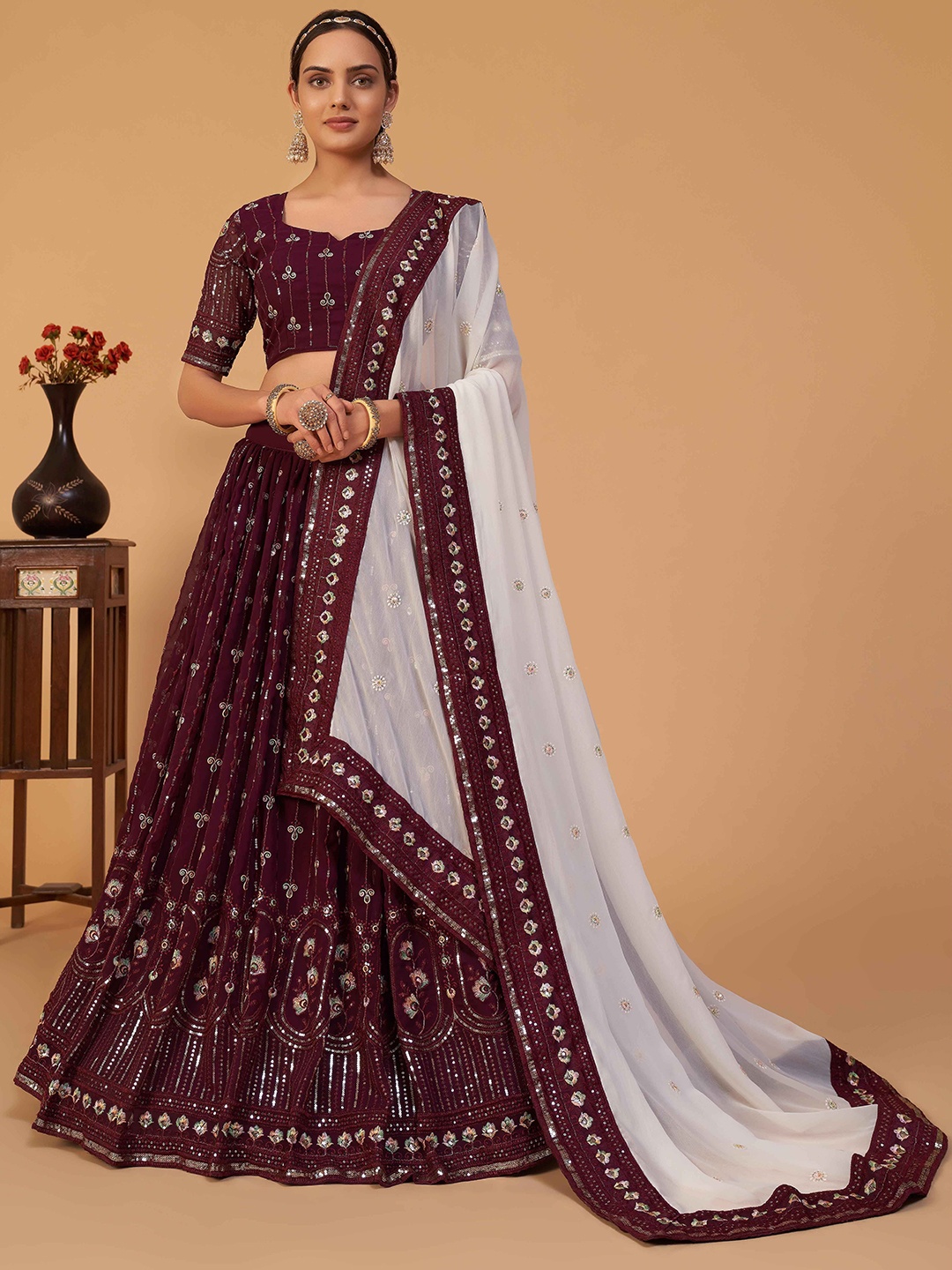 

KSM PRINTS Floral Embroidered Zari Semi-Stitched Dress Material, Purple