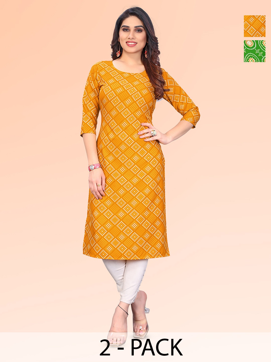 

KETAKI FASHION Selection of 2 Geometric Printed Straight Kurtas, Yellow